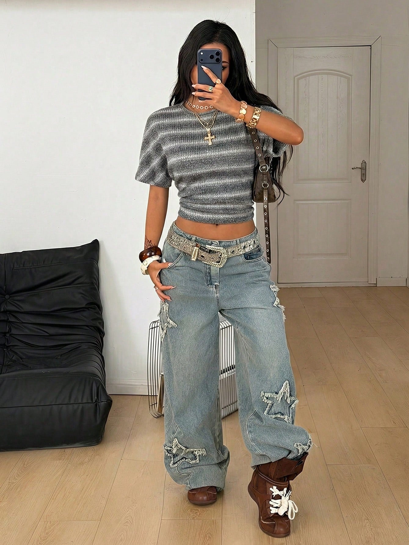 Y2K Striped Grey Rib Knit Ruched Crop Top