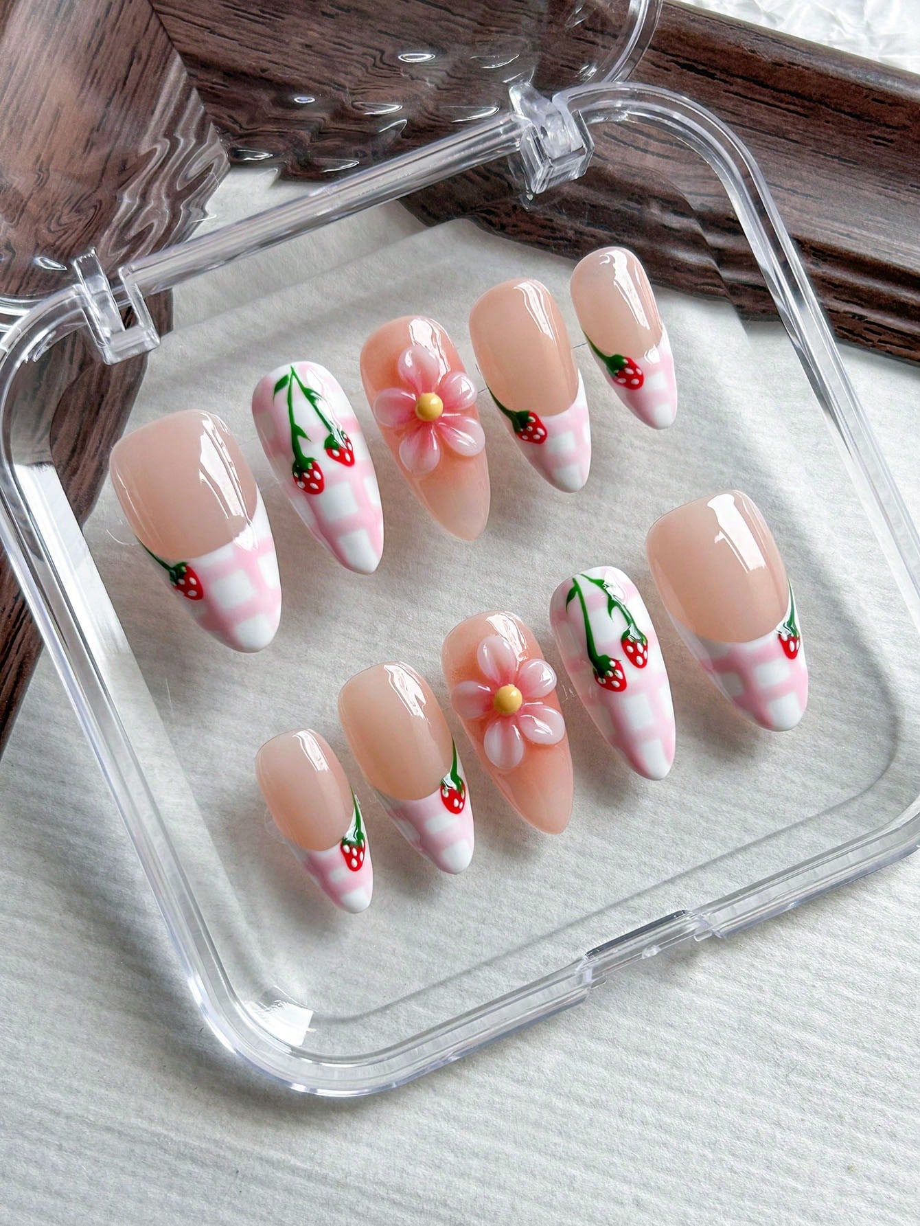 Handmade 3D Floral & Strawberry Almond Press-On Nails