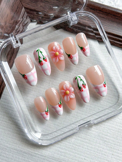 Handmade 3D Floral & Strawberry Almond Press-On Nails