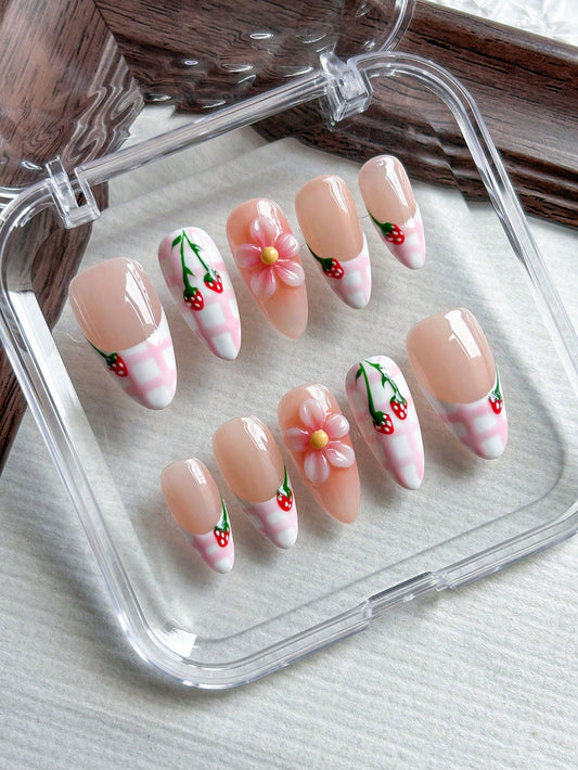 Handmade 3D Floral & Strawberry Almond Press-On Nails