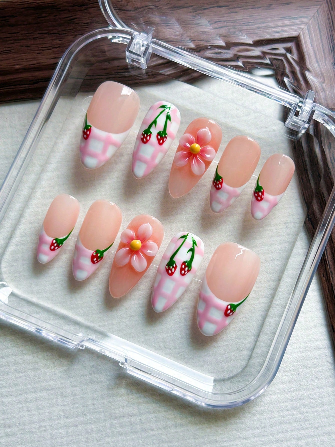 Handmade 3D Floral & Strawberry Almond Press-On Nails