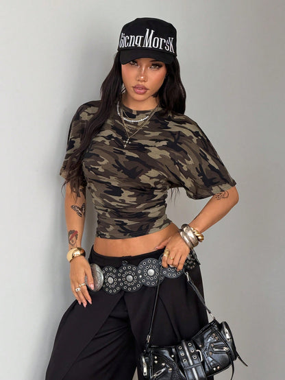 Y2K Camo Ruched Short Sleeve Crop Top