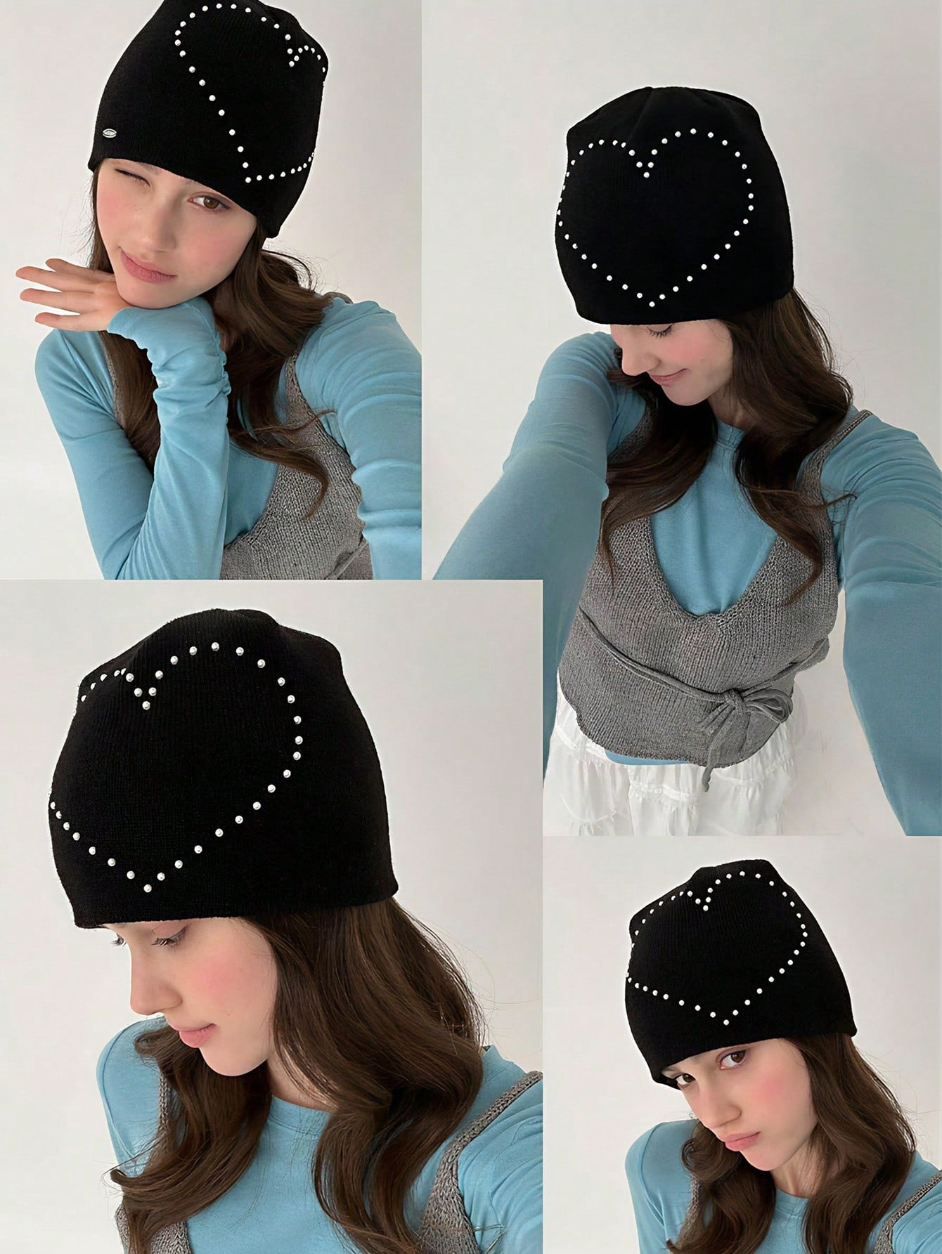 Heart Pearl Knitted Beanie Y2K Soft Girl Slouchy Hat