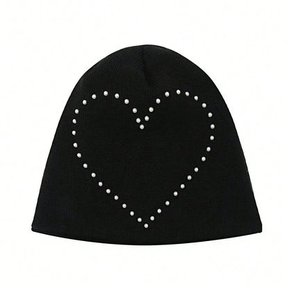 Heart Pearl Knitted Beanie Y2K Soft Girl Slouchy Hat