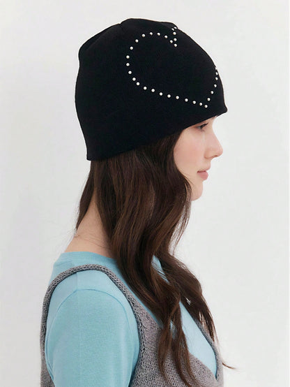 Heart Pearl Knitted Beanie Y2K Soft Girl Slouchy Hat