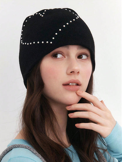 Heart Pearl Knitted Beanie Y2K Soft Girl Slouchy Hat