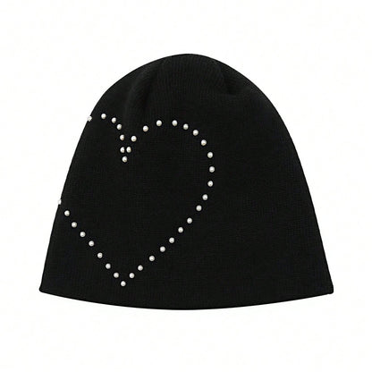 Heart Pearl Knitted Beanie Y2K Soft Girl Slouchy Hat