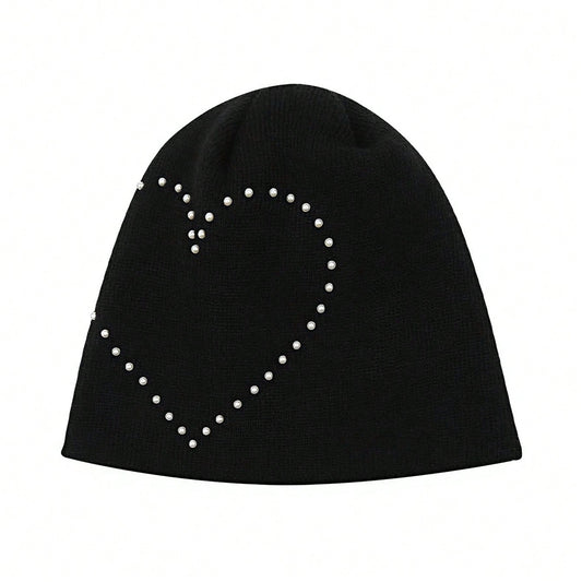 Heart Pearl Knitted Beanie Y2K Soft Girl Slouchy Hat