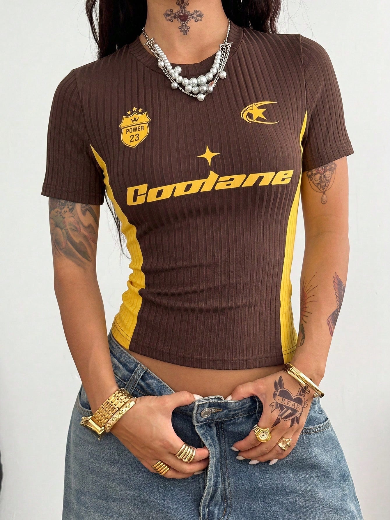 Y2K Ribbed Brown Slim Fit Short Sleeve Tee
