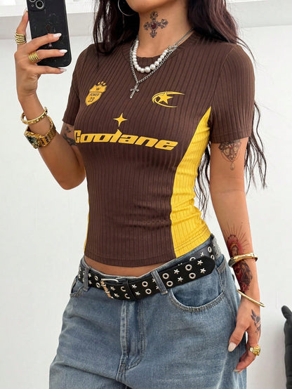 Y2K Ribbed Brown Slim Fit Short Sleeve Tee