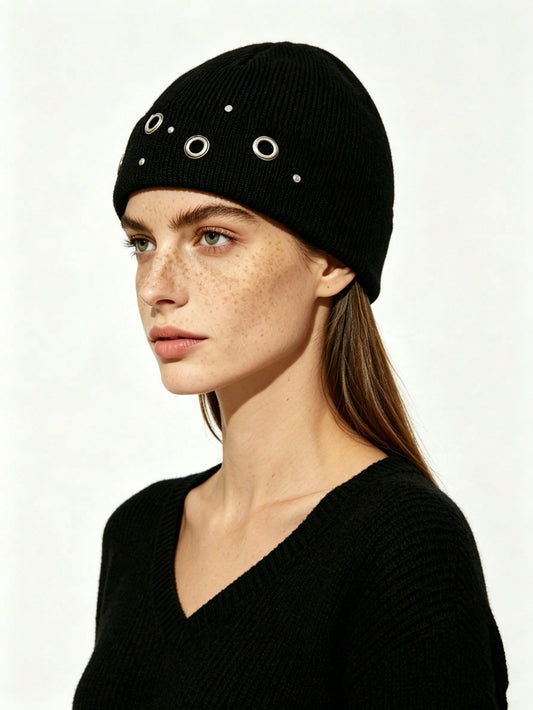 Rivet Hollow Out Knit Beanie Korean Street Style