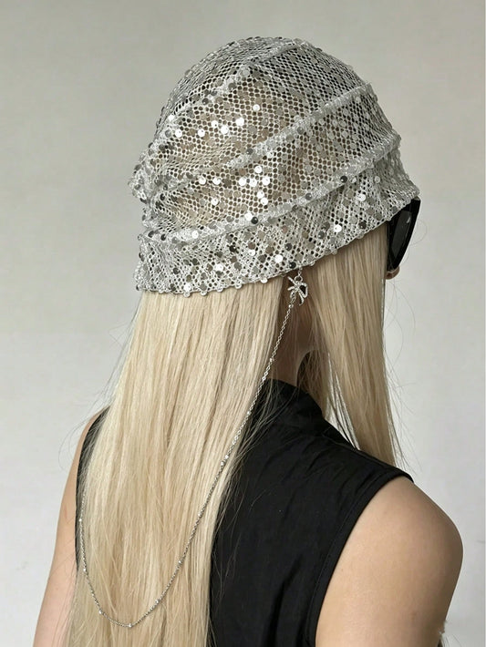 Y2K Sequin Rhinestone Chain Pendant Hollow Beanie