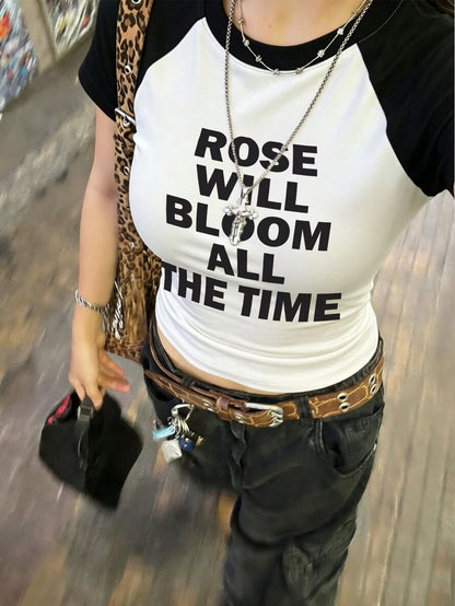 Women's Letter Print Raglan Contrast Crop Top