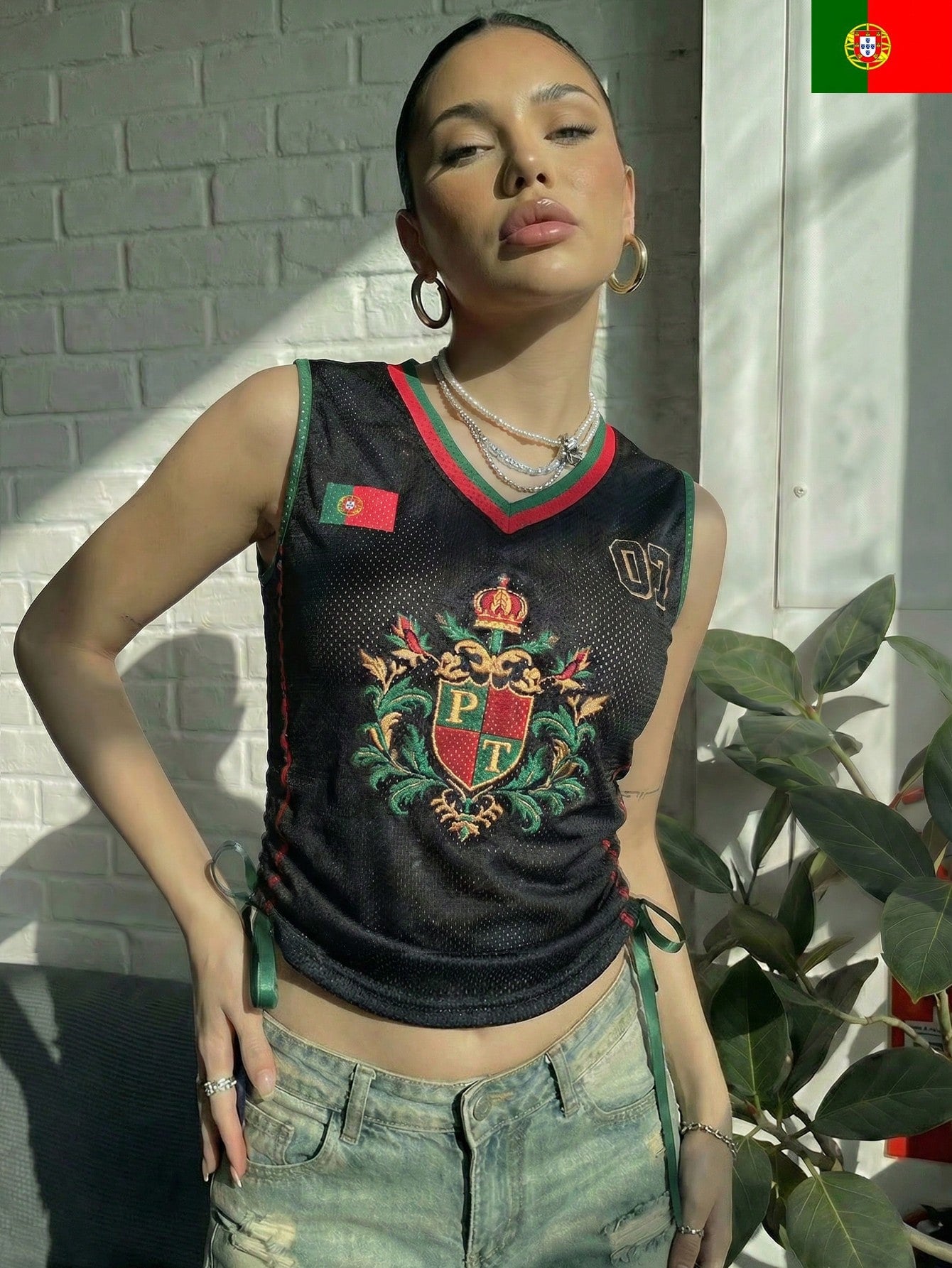 Black Mesh Drawstring V-Neck Tank Top