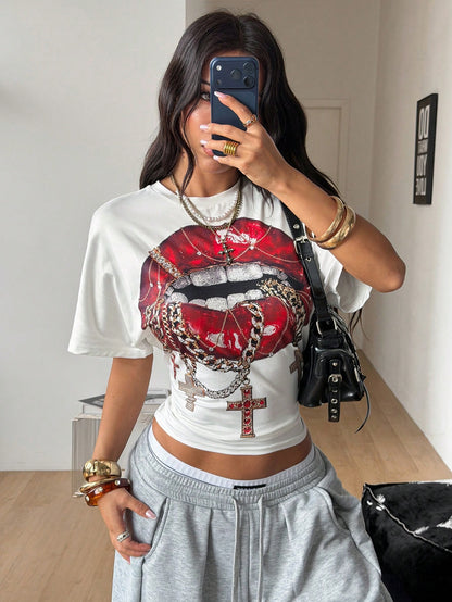 Y2K White Lips Ruched Short Sleeve Crop Top