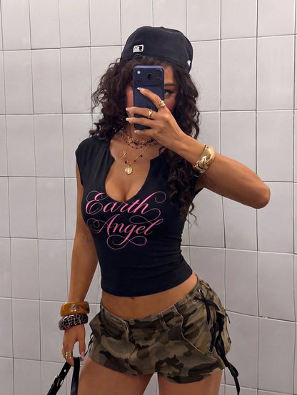 Women’s White Wavy Letter V-Neck Tee