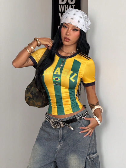 Y2K Brazil Basketball Jersey Crop Top in White