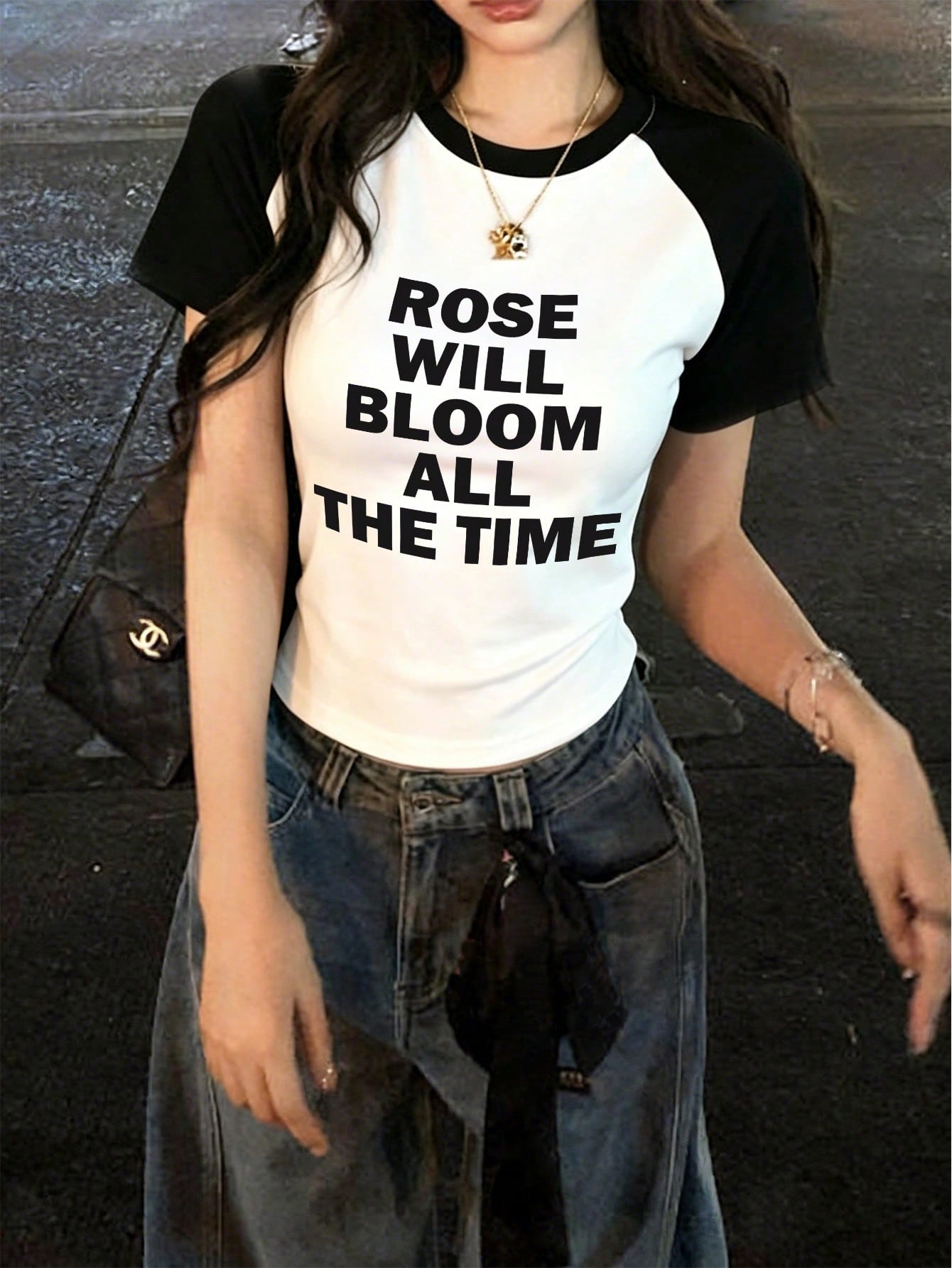 Women's Letter Print Raglan Contrast Crop Top