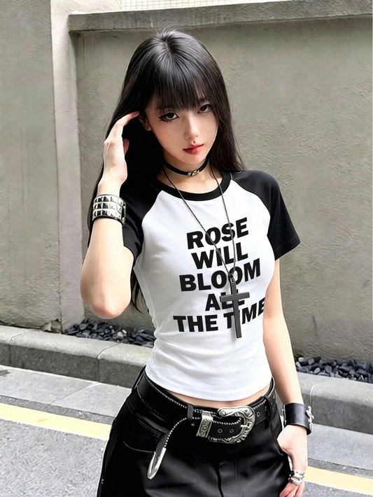 Women's Letter Print Raglan Contrast Crop Top