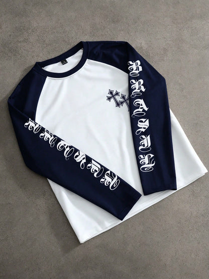 Men Cross Letter Contrast Raglan Sleeve Tee