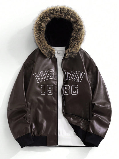 Men's PU Leather Gothic Embroidered Hooded Jacket