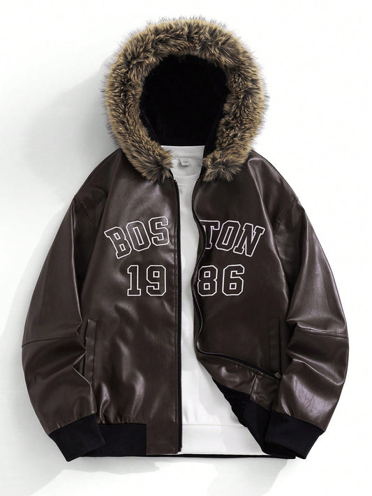 Men's PU Leather Gothic Embroidered Hooded Jacket