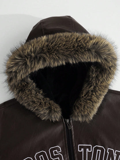 Men's PU Leather Gothic Embroidered Hooded Jacket