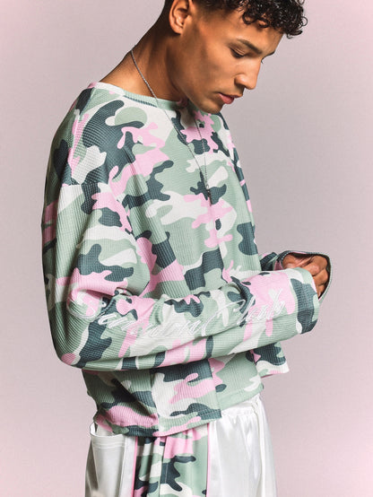 Camo Waffle Knit Long Sleeve Crew Neck Tee