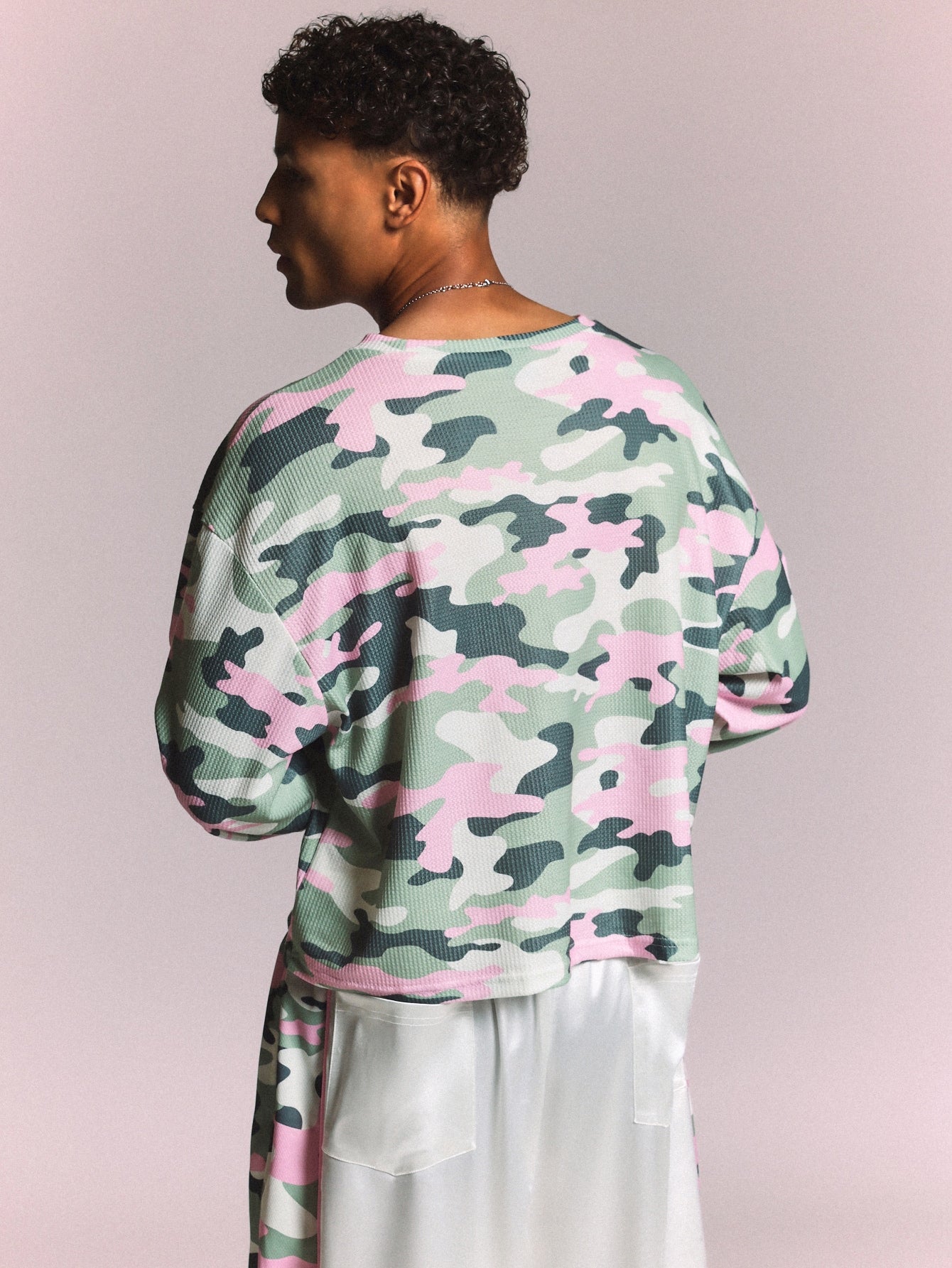 Camo Waffle Knit Long Sleeve Crew Neck Tee