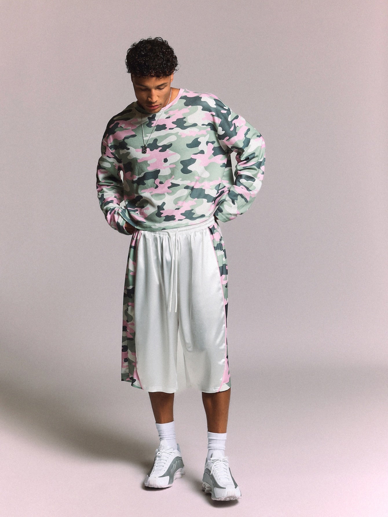 Camo Waffle Knit Long Sleeve Crew Neck Tee