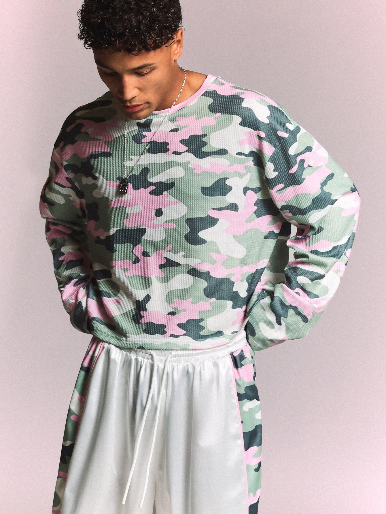 Camo Waffle Knit Long Sleeve Crew Neck Tee