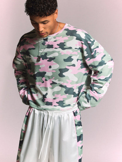 Camo Waffle Knit Long Sleeve Crew Neck Tee