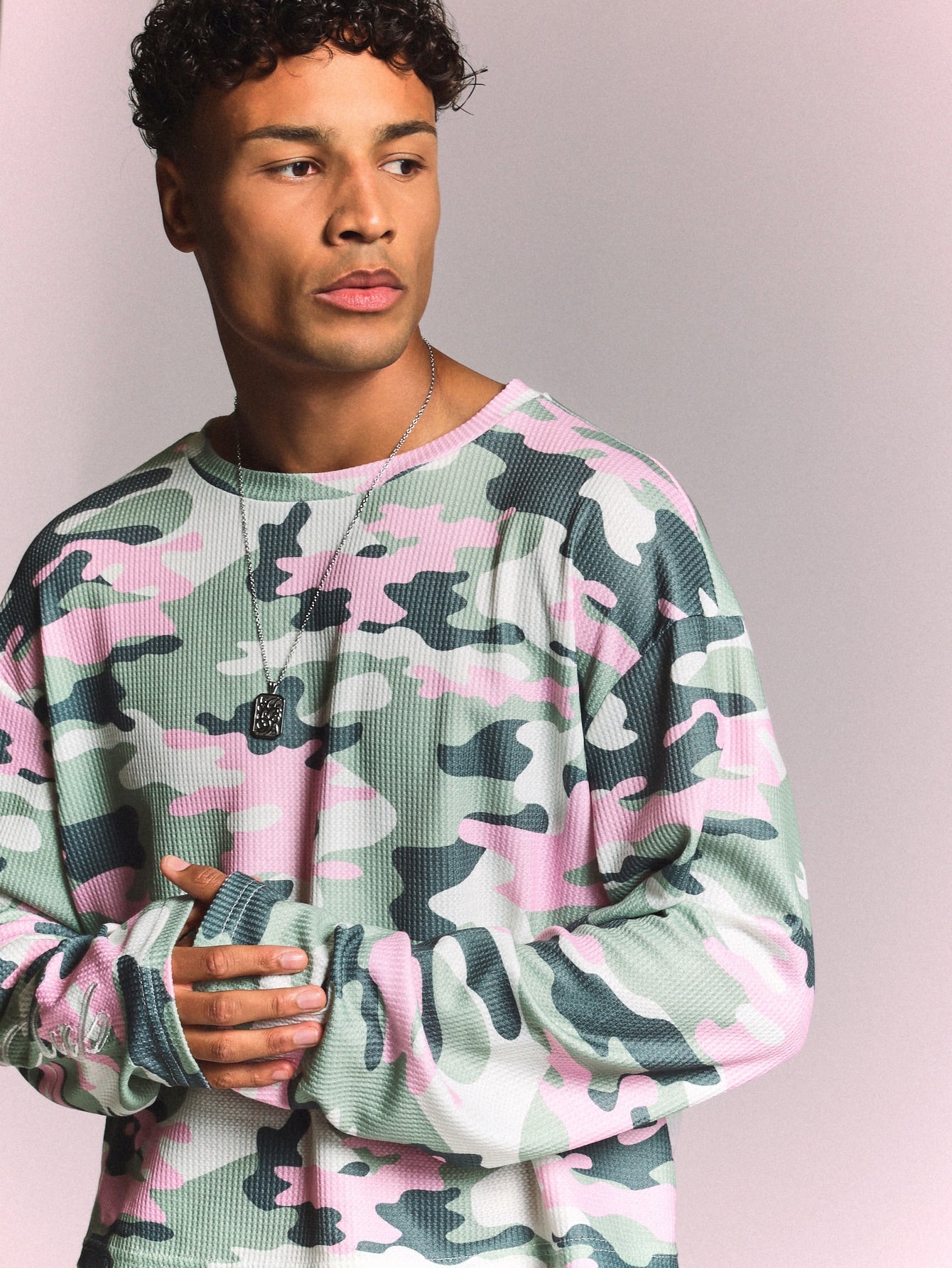 Camo Waffle Knit Long Sleeve Crew Neck Tee