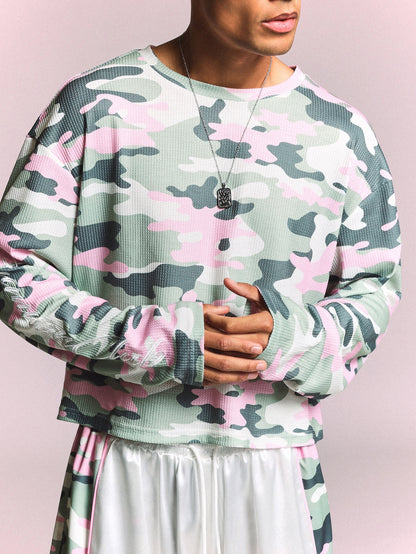 Camo Waffle Knit Long Sleeve Crew Neck Tee