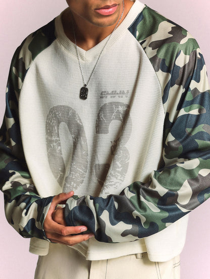 Waffle Knit Camo Raglan Crop Top