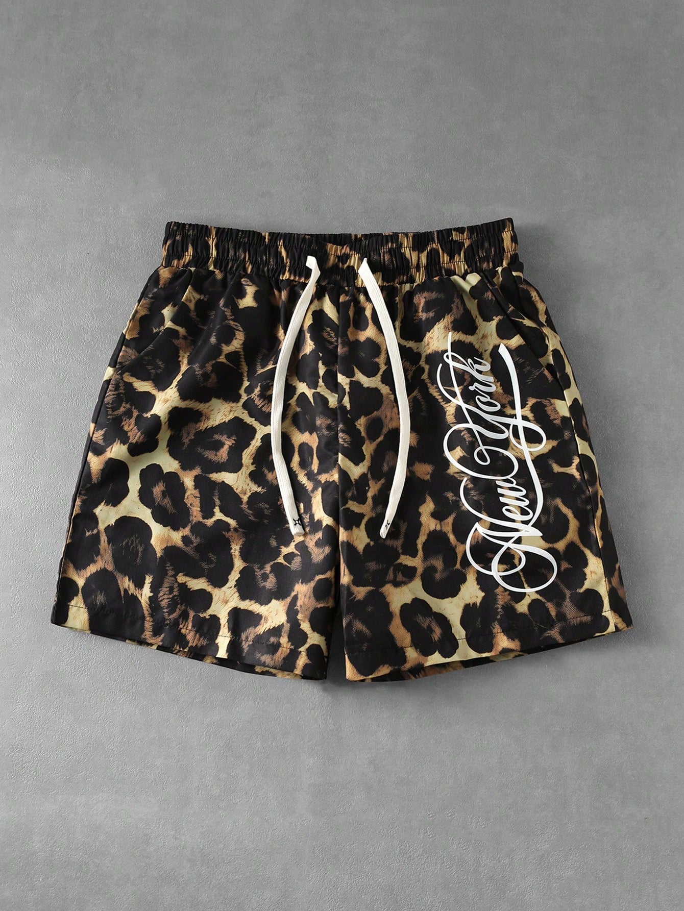 Men's Letter Leopard Print Drawstring Casual Shorts