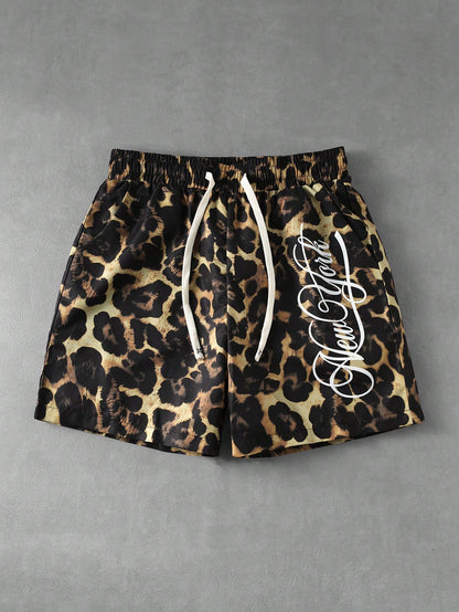 Men's Letter Leopard Print Drawstring Casual Shorts