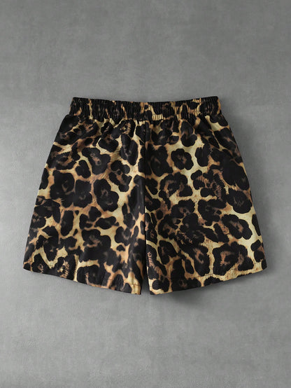 Men's Letter Leopard Print Drawstring Casual Shorts