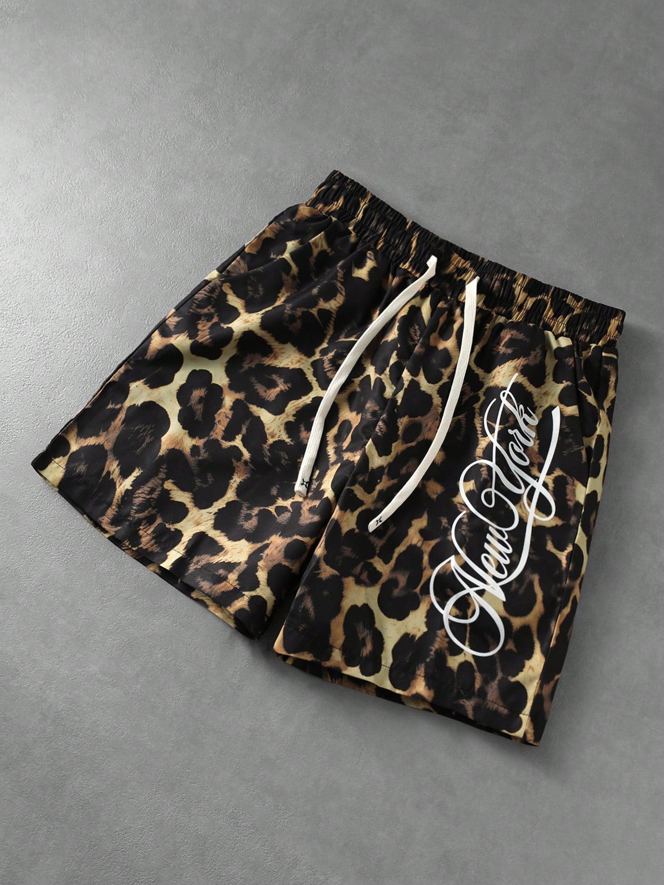 Men's Letter Leopard Print Drawstring Casual Shorts