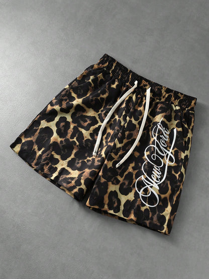 Men's Letter Leopard Print Drawstring Casual Shorts