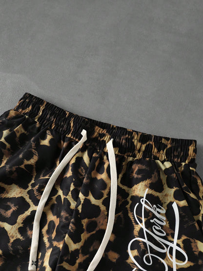 Men's Letter Leopard Print Drawstring Casual Shorts