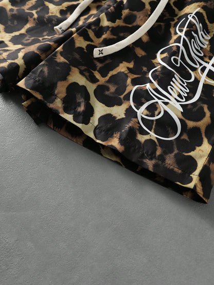 Men's Letter Leopard Print Drawstring Casual Shorts
