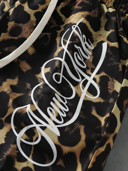 Men's Letter Leopard Print Drawstring Casual Shorts