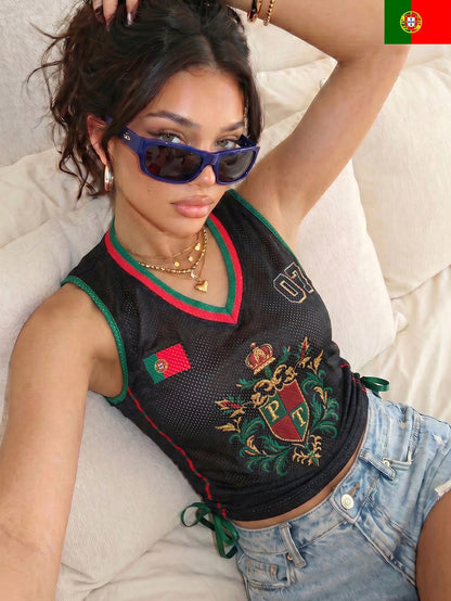 Black Mesh Drawstring V-Neck Tank Top