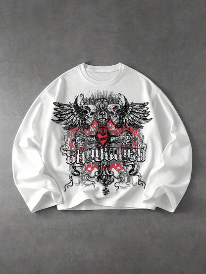 Men Dark Gothic Print Loose Long Sleeve T-Shirt