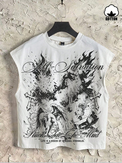 Men's Cotton Boxy Distressed City Graphic Tank Top