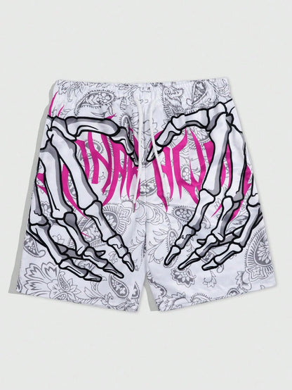 Men's Goth Letter Skull Print Beach Shorts