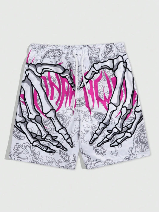 Men's Goth Letter Skull Print Beach Shorts