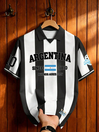 Men's Retro Argentine Soccer Letter Print Polo