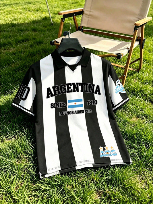 Men's Retro Argentine Soccer Letter Print Polo